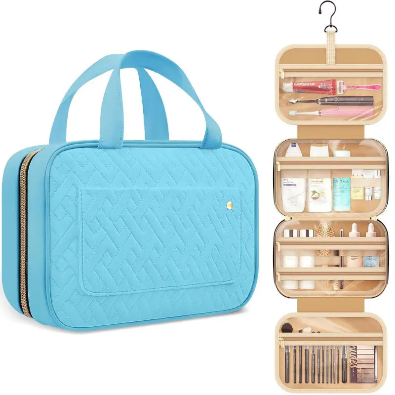 Light blue quilted hook portable bag, perfect ladies portable travel toiletry bag.