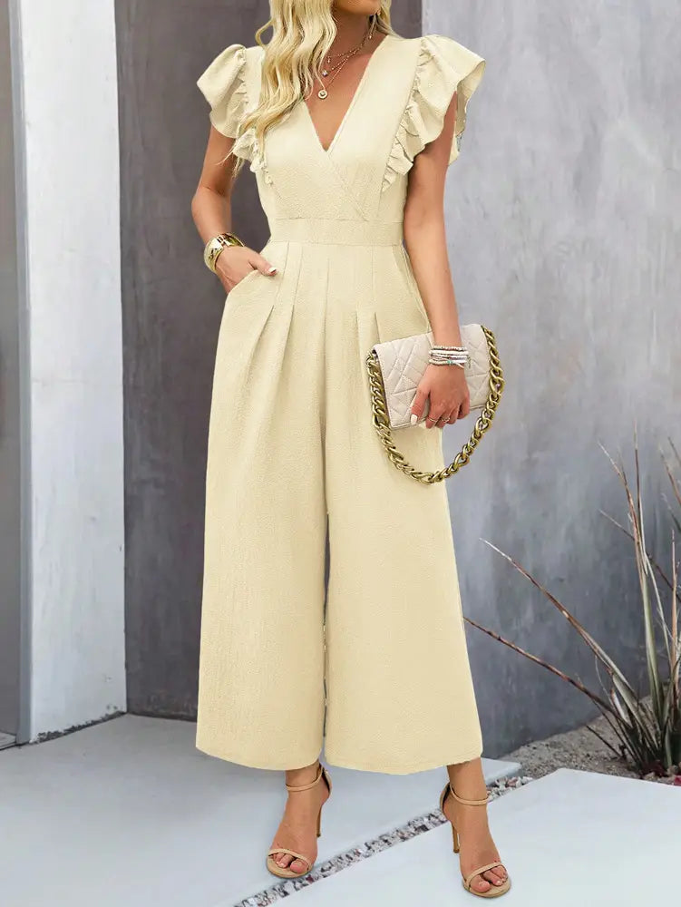 European Spring and Summer Wide Leg v Neck Jumpsuit