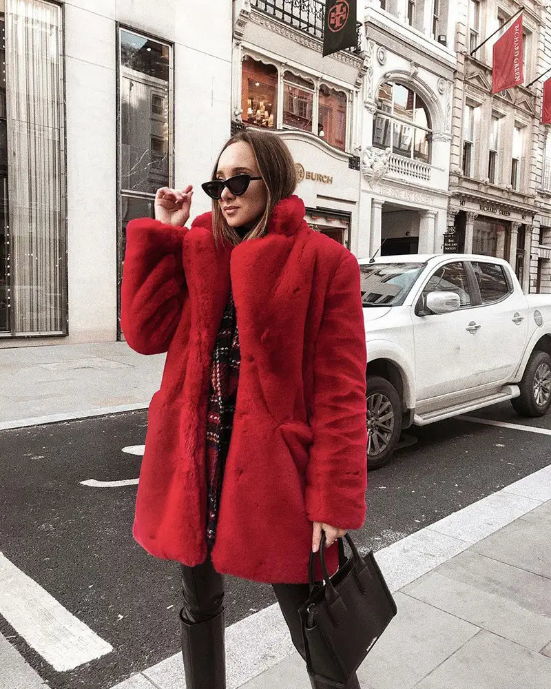 Bright red faux fur coat with notched lapels for cozy chic style in wine red.