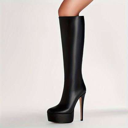 Black Knee Length Stiletto Heel Platform Boots