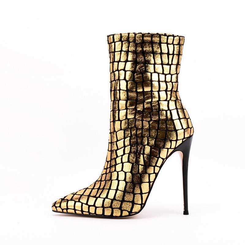 Gold Metallic Stiletto Heel Square Patterned Ankle Boots