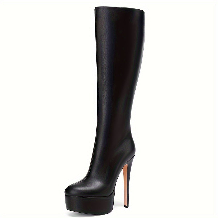 Black Knee Length Stiletto Heel Platform Boots