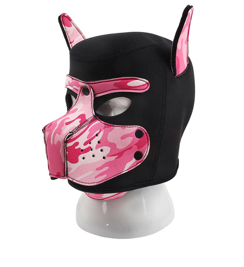 Pink and black neoprene dog head mask with pointed ears for fun role play flirting.