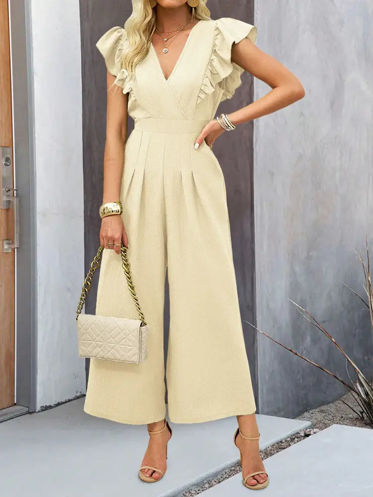 European Spring and Summer Wide Leg v Neck Jumpsuit