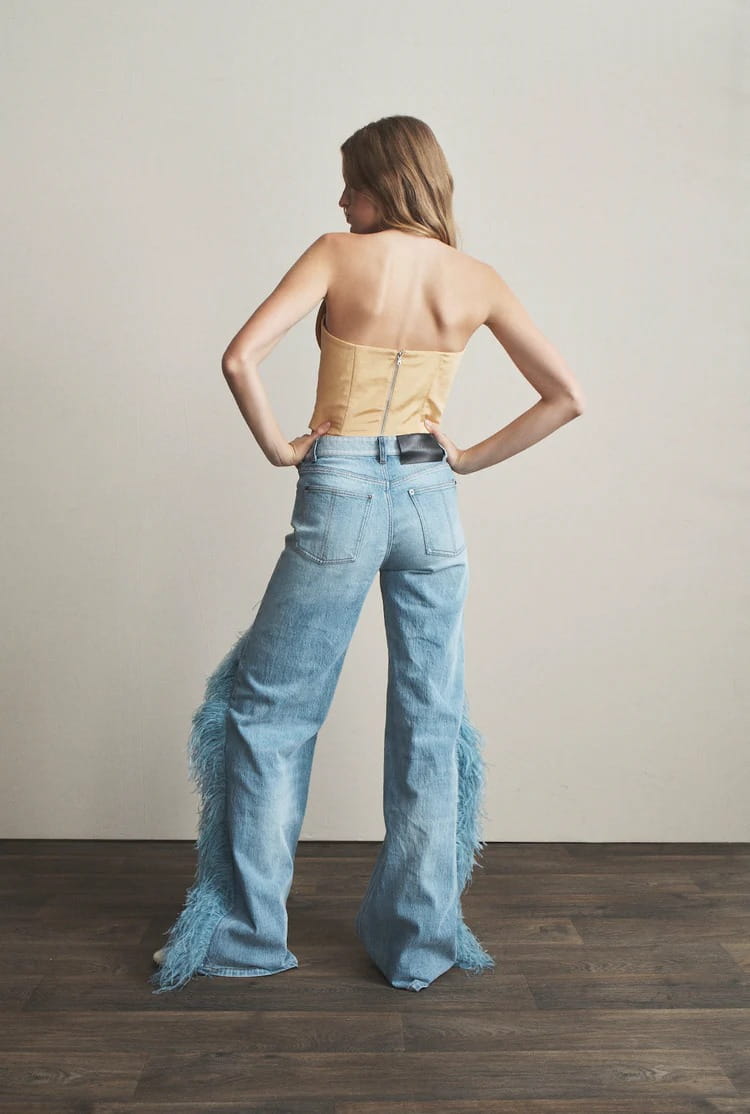 Ladies Stonewash Wide Leg Jeans with Plush Fur Trim