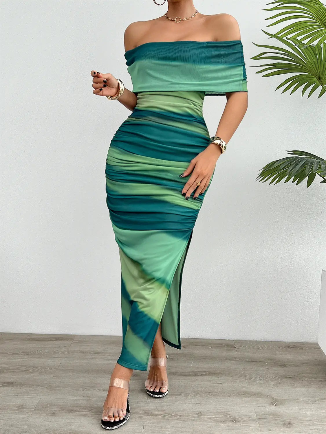 Ladies Off The Shoulder Green Strapless Dress