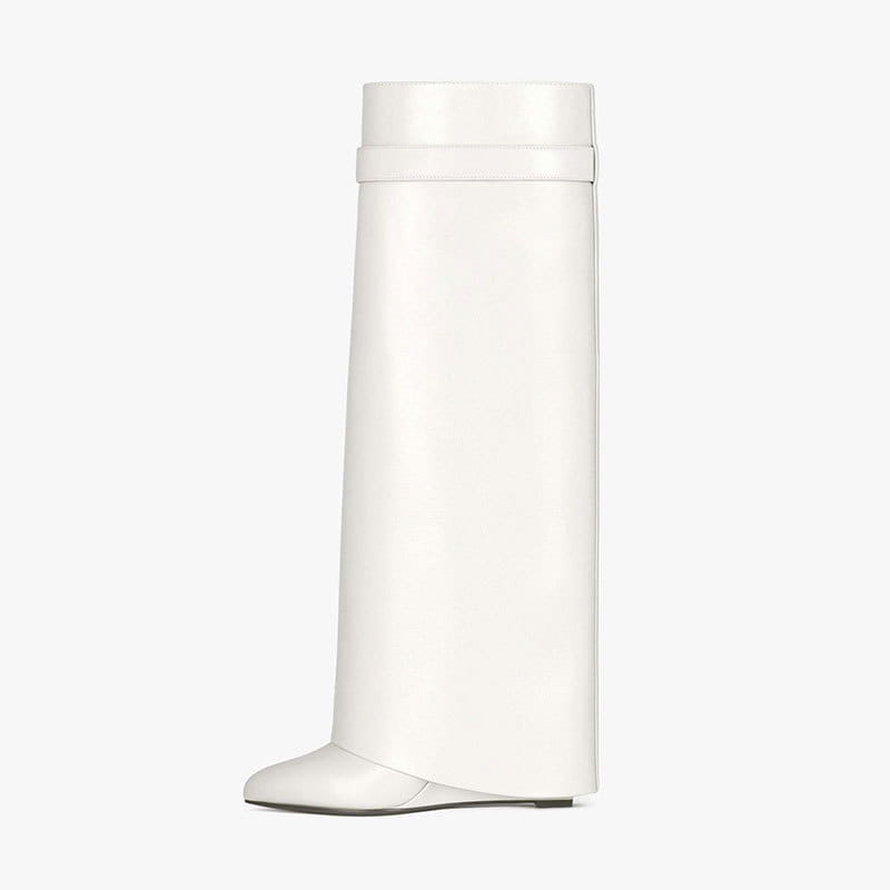 White leather knee-high boot with wedge heel from Fashion Shark Lock collection.