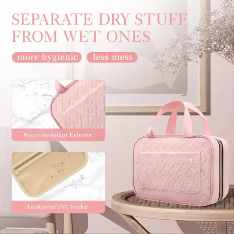 Pink quilted travel toiletry bag with a water-resistant exterior and leakproof pouch.