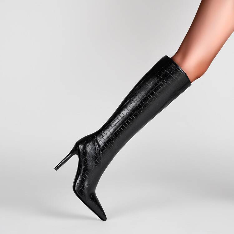 Black Plaid Pattern Pointed Toe Stiletto Boots