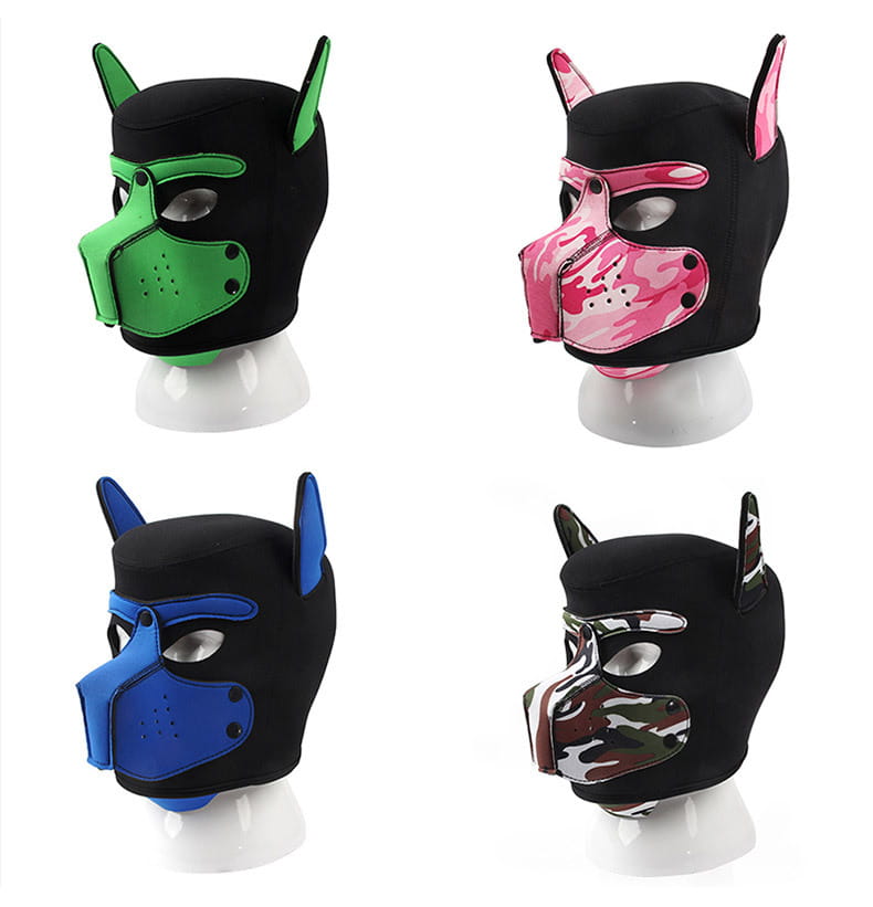 Neoprene Dog Head Masks in colors for role play flirting and adult SM fun.