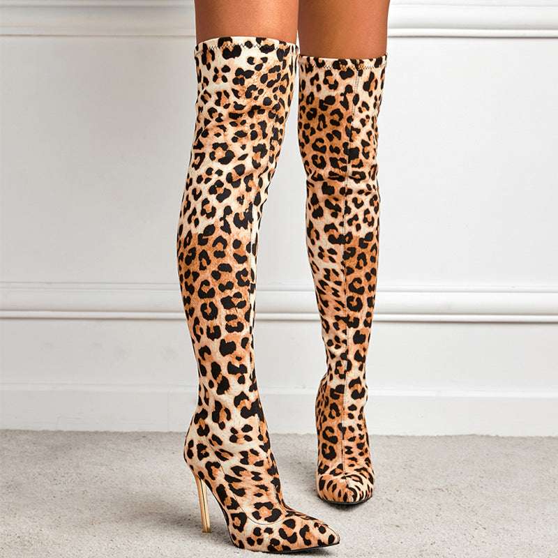 Leopard Print Pointed-toe Stiletto Heel High Leg Boots