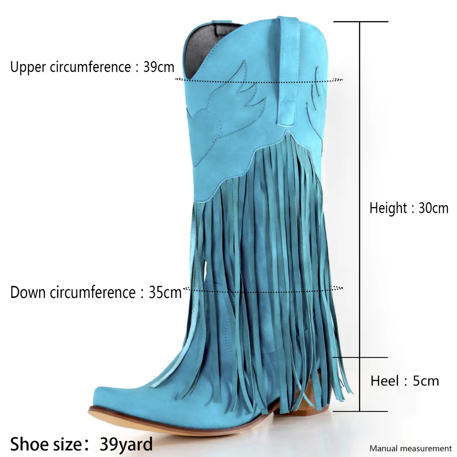 Light blue womens cowboy boots with fun tassel detail and fringe along the shaft.