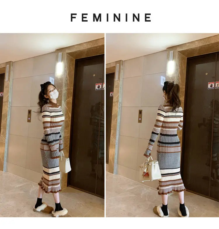 Striped Maxi Dress for Winter Long Knitted Style