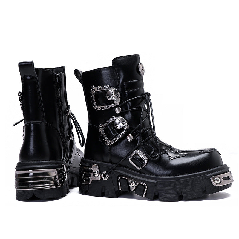 Retro Casual Punk Workwear High Leg Boot Metal Embelishment - Pleasures and Sins   Pleasures and Sins