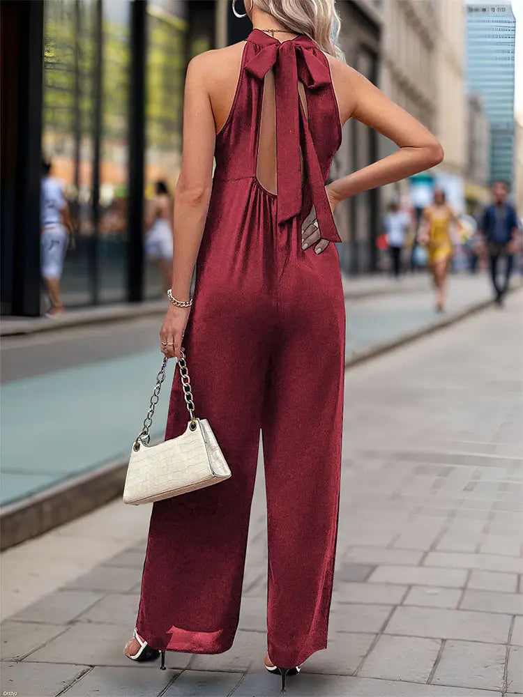 Combinaison jambe droite à col rond de couleur unie pour femmes