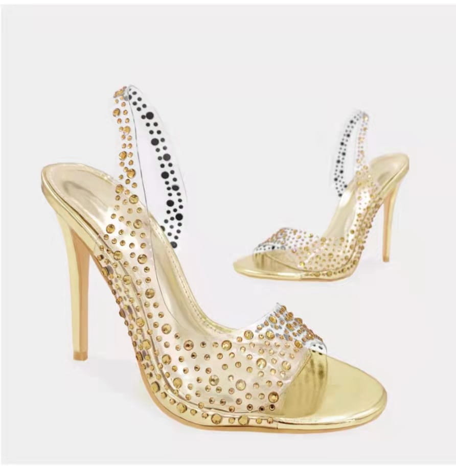 Sparkly gold high-heeled slingback sandals with rhinestones perfect for ladies sandals summer.