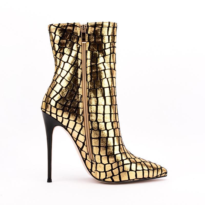 Gold Metallic Stiletto Heel Square Patterned Ankle Boots