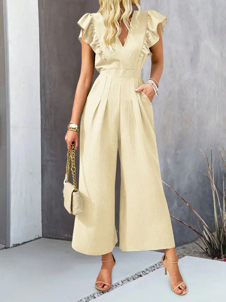 European Spring and Summer Wide Leg v Neck Jumpsuit