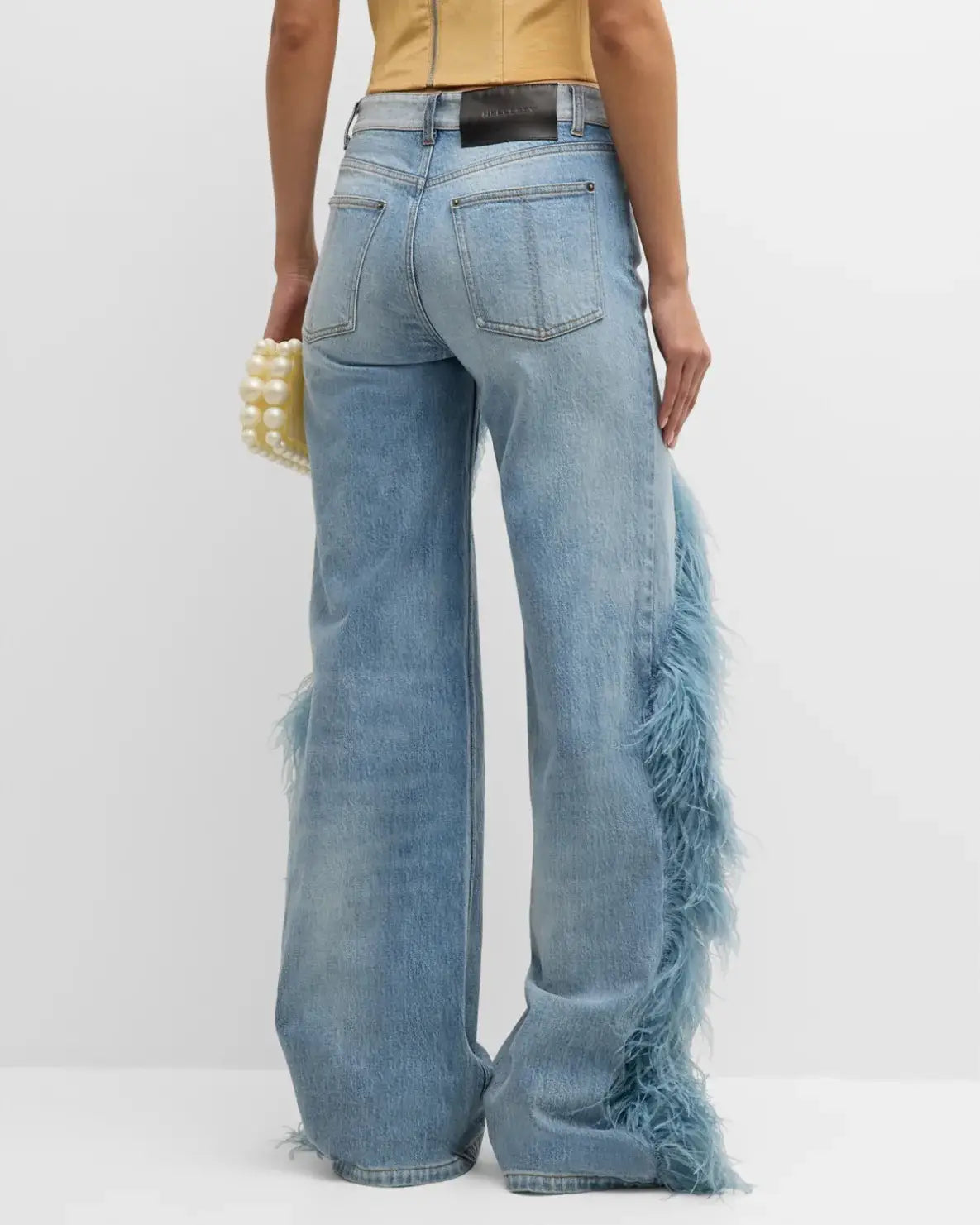 Ladies Stonewash Wide Leg Jeans with Plush Fur Trim