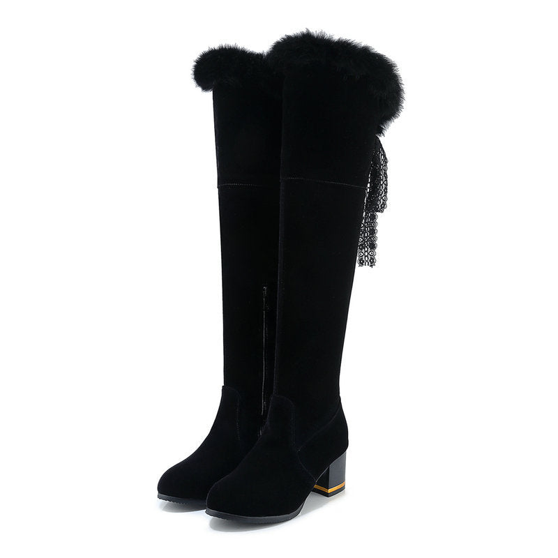 Round Toe Chunky High Heel Fur Lined Women's High Boots