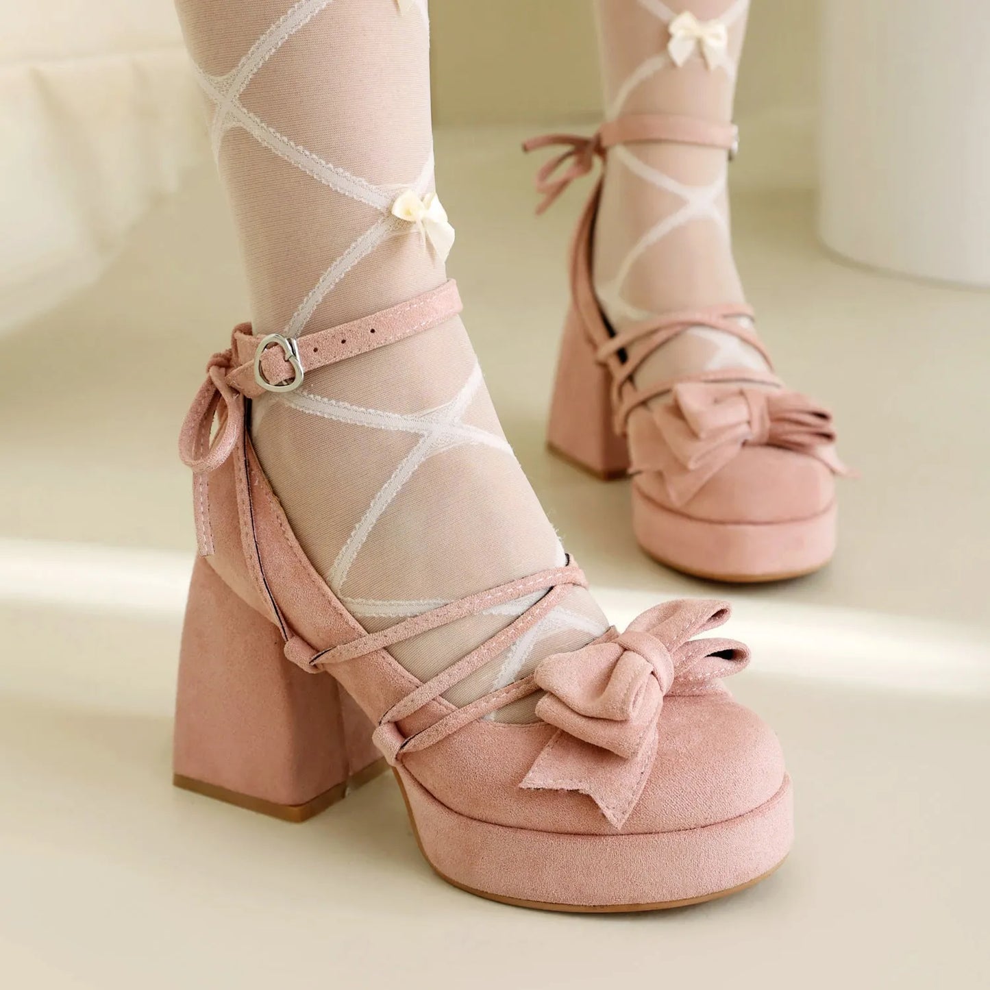 Bow Fronted Suede Platform Lolita Mary Jane Shoes