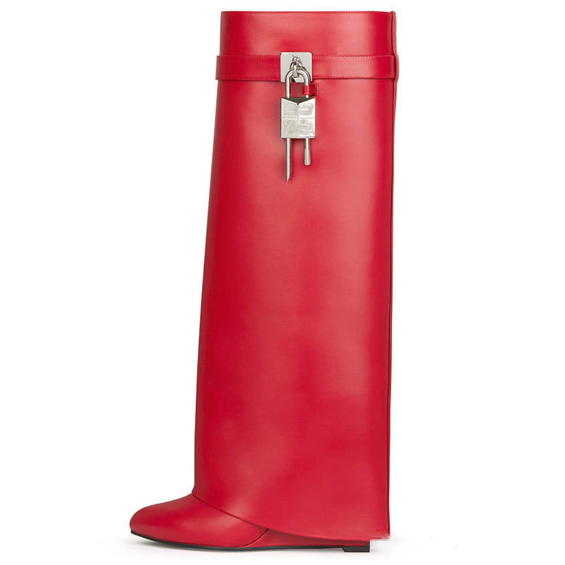 Red leather boot featuring a unique silver padlock detail from Fashion Shark Lock collection.