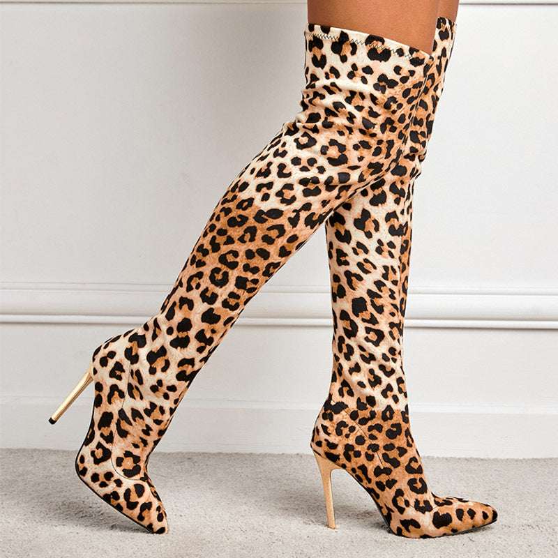 Leopard Print Pointed-toe Stiletto Heel High Leg Boots