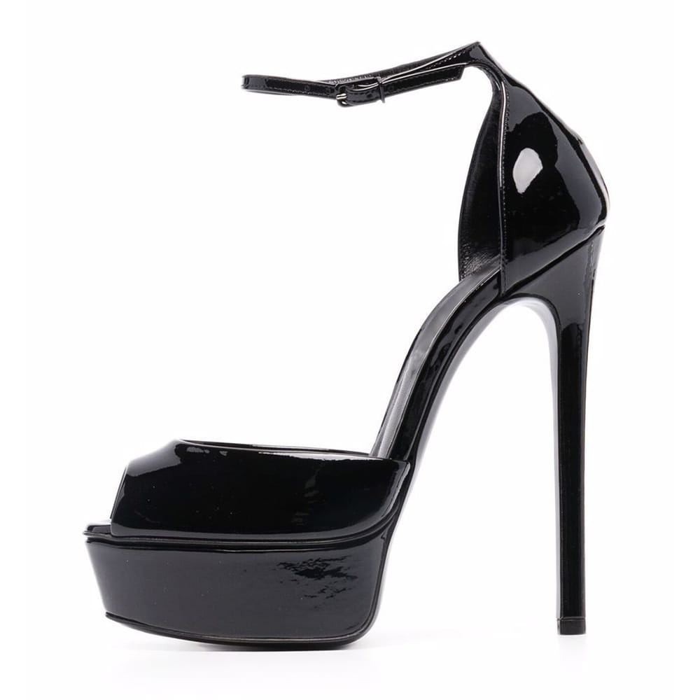 Large Sexy Black Unisex High Heel Fish Mouth Platform Sandals with ankle strap and shine.