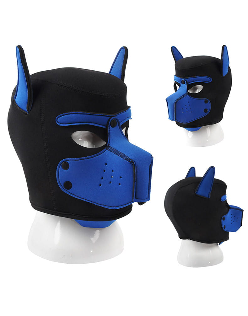 Black and blue neoprene dog head mask with pointed ears for fun role play flirting.