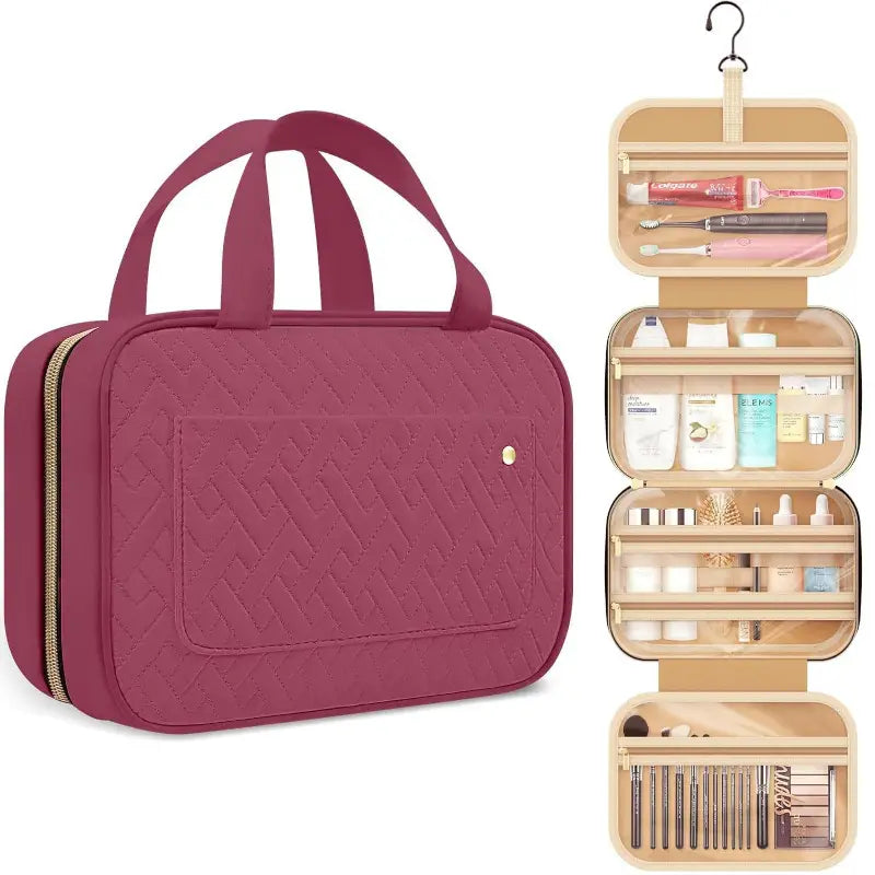 Burgundy ladies portable travel toiletry bag with compartments and hook for easy organization