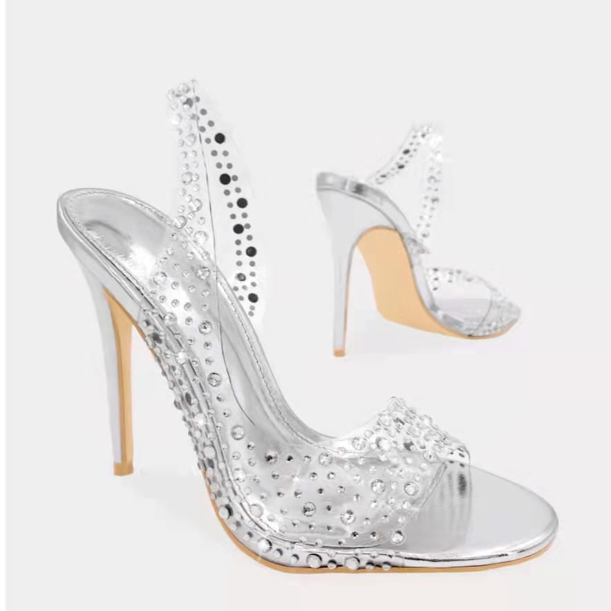 Clear high-heeled sandal with rhinestones, perfect for stylish ladies sandals summer.