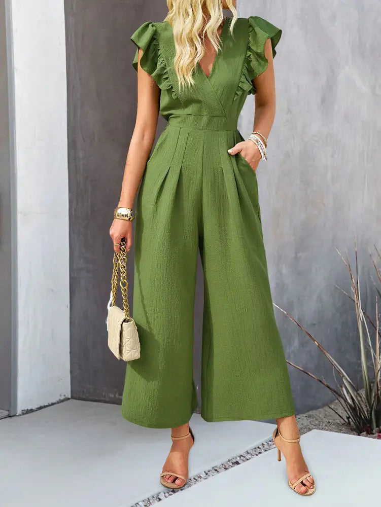 European Spring and Summer Wide Leg v Neck Jumpsuit