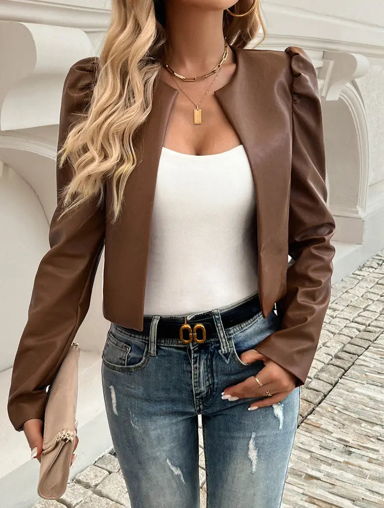 New ladies casual solid colour faux leather jacket