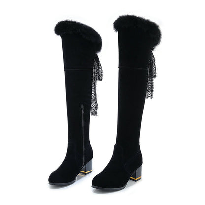 Round Toe Chunky High Heel Fur Lined Women's High Boots