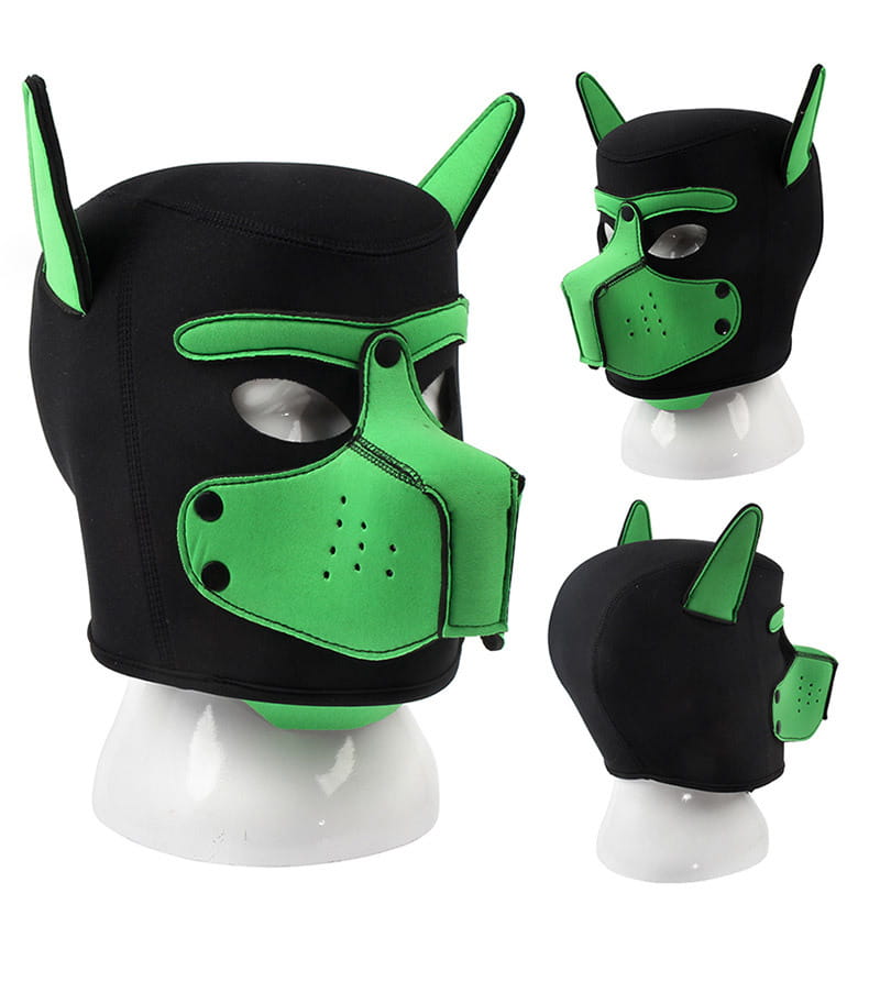 Black neoprene dog head mask with green accents for fun role play flirting and adult SM.