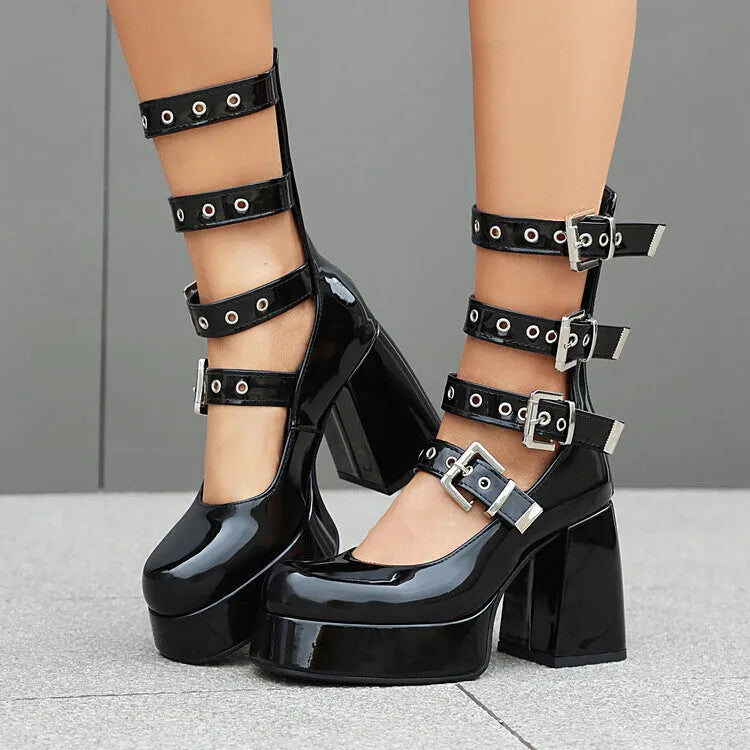 Multi Buckle Chunky High Heel Square Toe Shoes