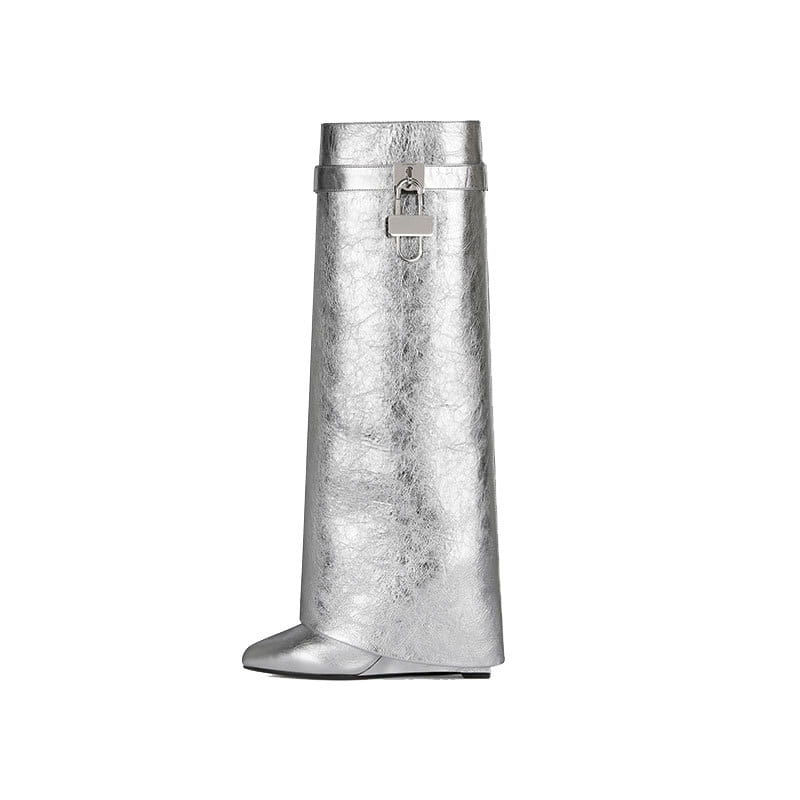 Metallic silver wedge boot with fold-over top from Fashion Shark Lock Knee High Boots.