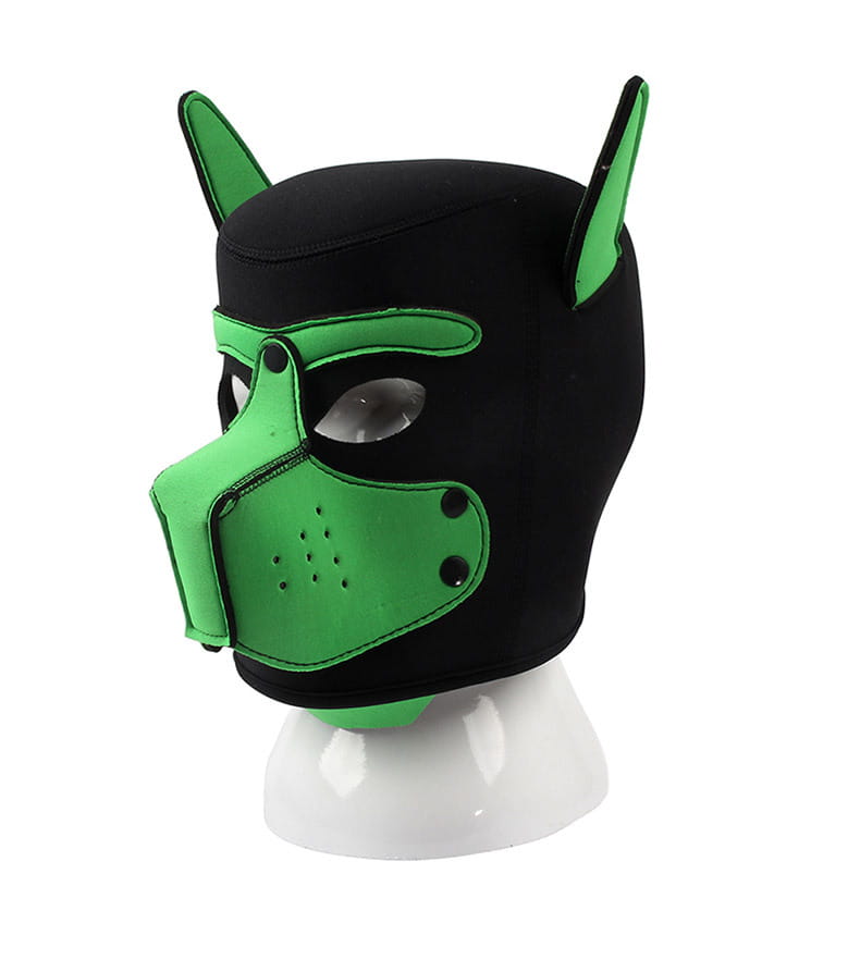 Black neoprene dog head mask with green accents for role play flirting and adult SM fun.