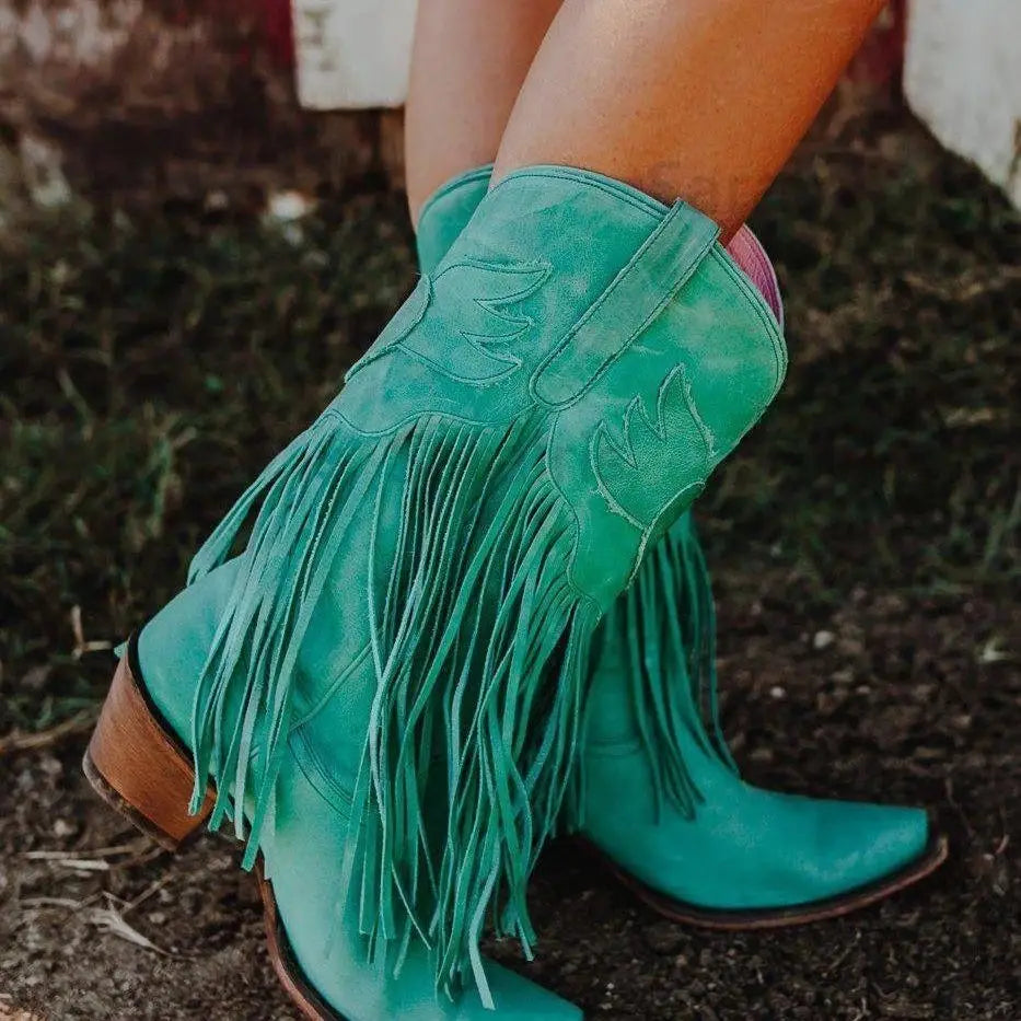 Turquoise womens cowboy boots with fun tassel detail and stylish fringe accents.