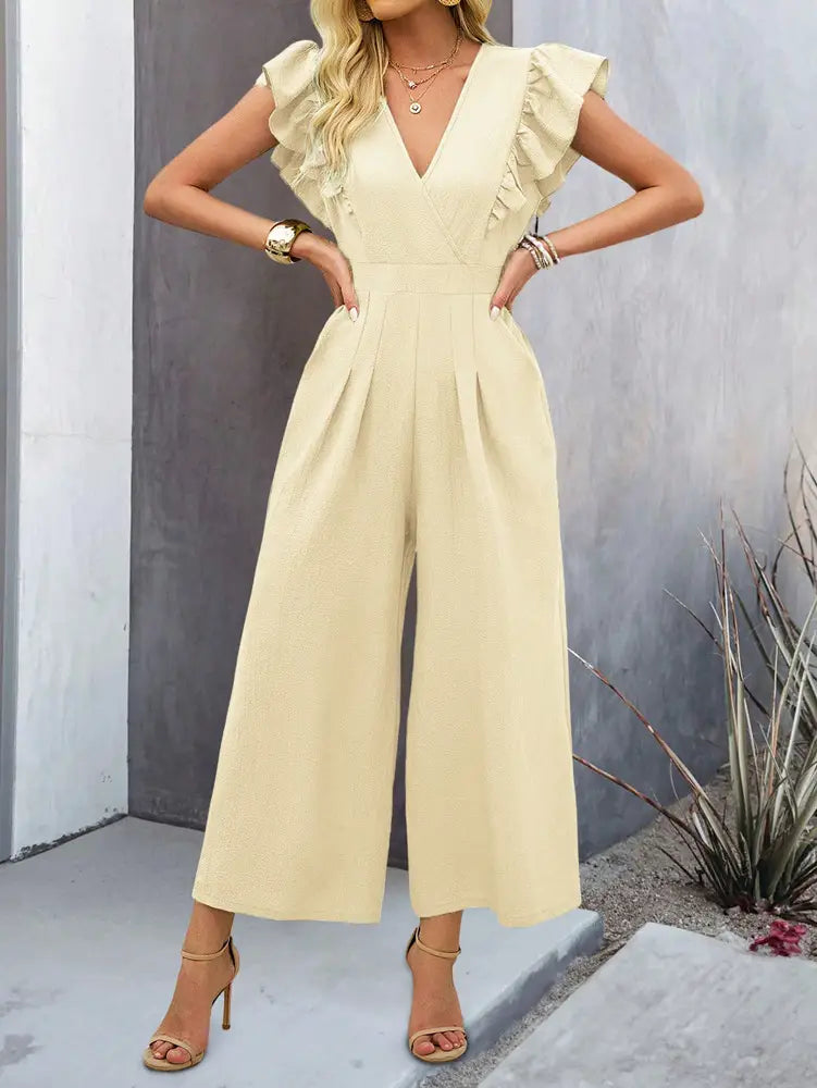 European Spring and Summer Wide Leg v Neck Jumpsuit