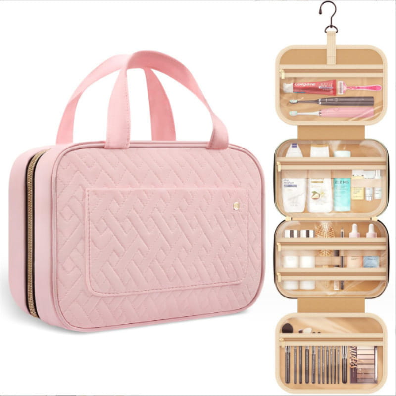 Pink quilted hanging travel toiletry bag with hook and compartments for ladies portable travel.