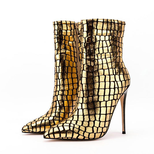 Gold Metallic Stiletto Heel Square Patterned Ankle Boots