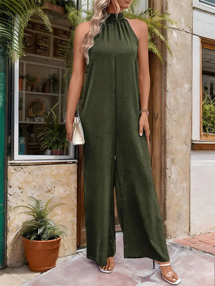 Damen Rundhalsausschnitt einfarbig gerades Bein Jumpsuit