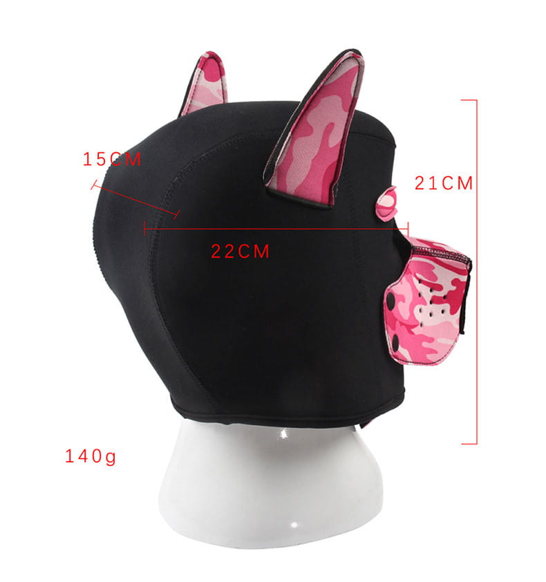 Black neoprene dog head mask with pink cat ears, perfect for role play flirting and adult fun.