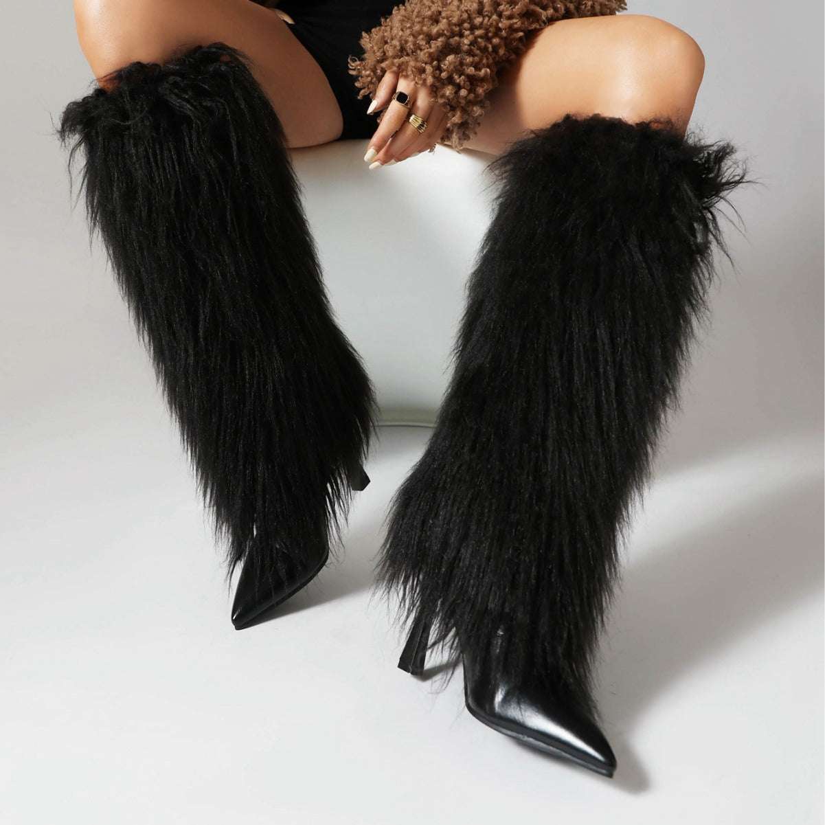 Ladies Faux Fur Covered High Heel Pointed Toe Boots