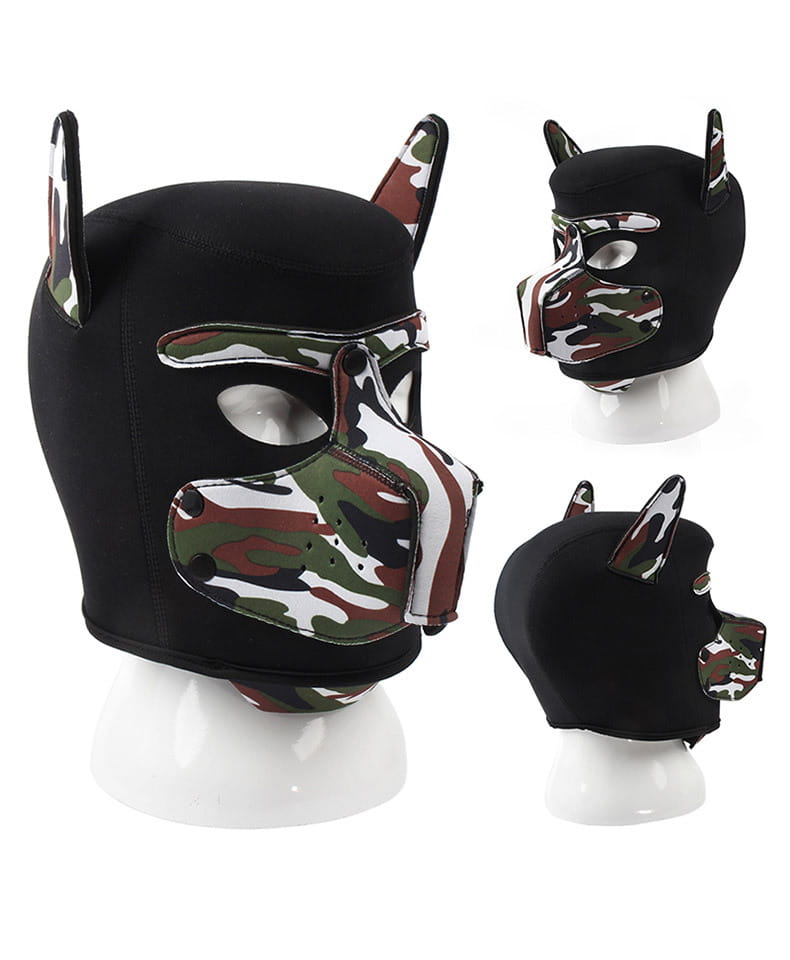 Black neoprene dog head mask with camouflage for fun role play flirting and adult SM.