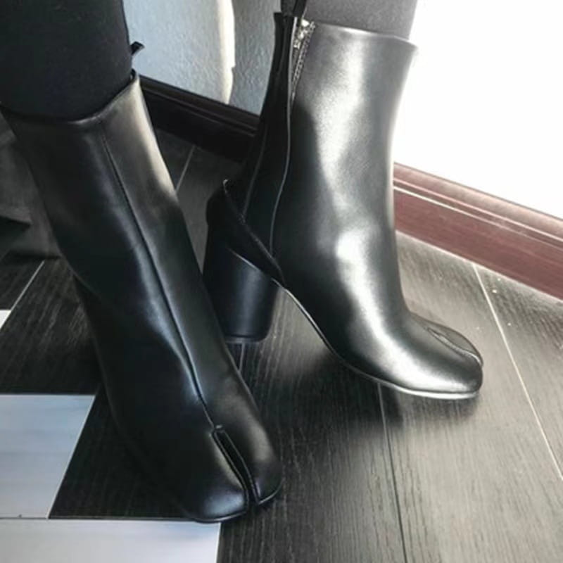 Black Leather Split Toe Tabi Boots with 8cm Block Heel for stylish comfort and flair