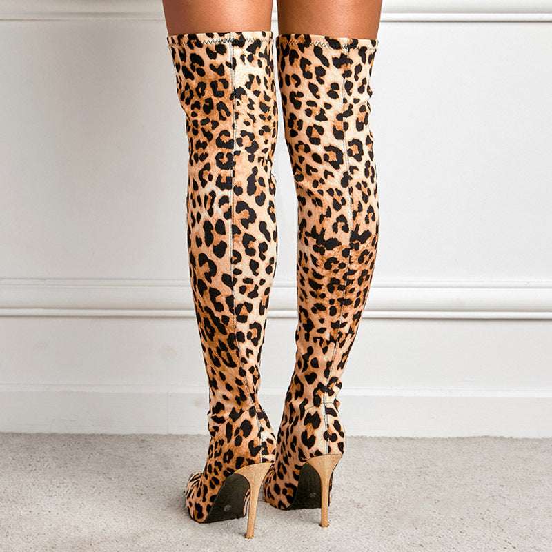 Leopard Print Pointed-toe Stiletto Heel High Leg Boots