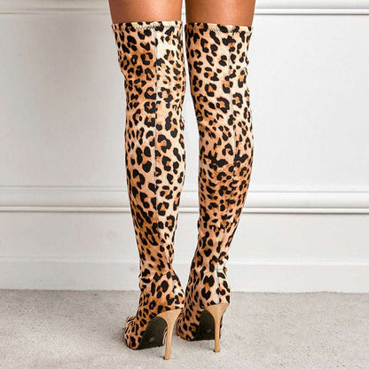 Leopard Print Pointed-toe Stiletto Heel High Leg Boots