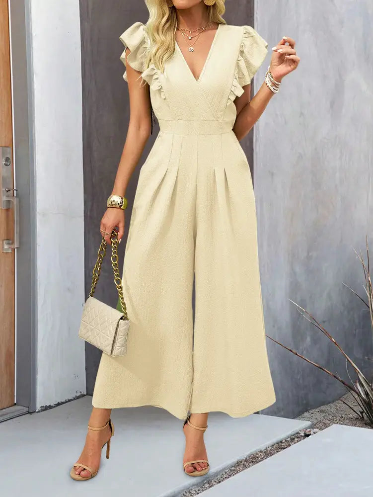 European Spring and Summer Wide Leg v Neck Jumpsuit